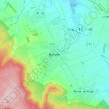 Topografisk kort Bakede, højde, terræn