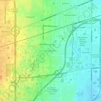 Topografisk kort Drexel Gardens, højde, terræn