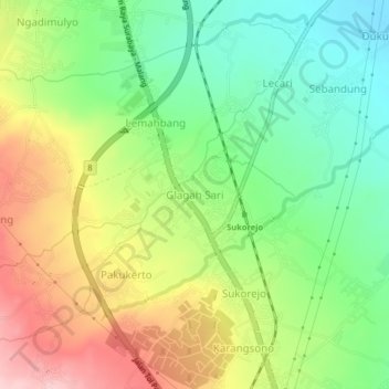 Topografisk kort Glagah Sari, højde, terræn