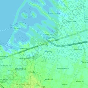 Topografisk kort Sayung, højde, terræn