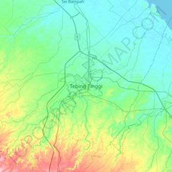 Topografisk kort Tebing Tinggi, højde, terræn