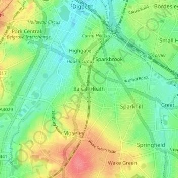 Topografisk kort Balsall Heath, højde, terræn