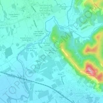 Topografisk kort Brazzano / Brezan / Bračan, højde, terræn