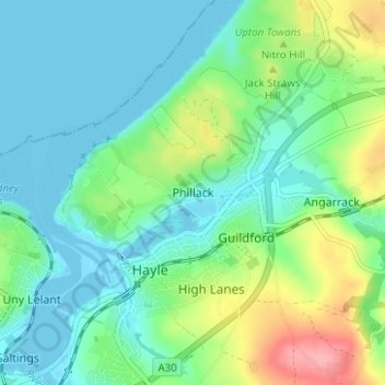 Topografisk kort Phillack, højde, terræn
