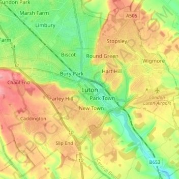 Topografisk kort Luton, højde, terræn