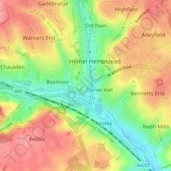 Topografisk kort Moorend, højde, terræn
