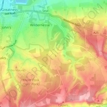 Topografisk kort Godden Green, højde, terræn