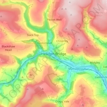 Topografisk kort Hebden Bridge, højde, terræn