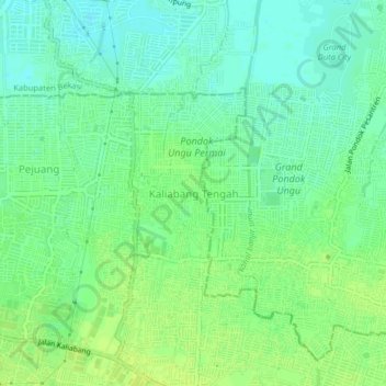 Topografisk kort Kaliabang Tengah, højde, terræn