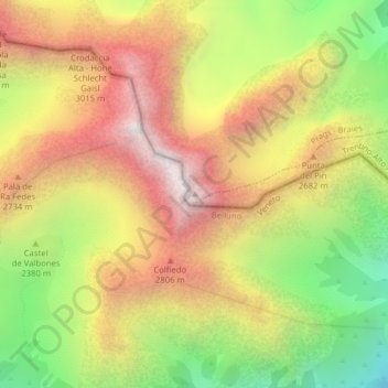 Topografisk kort Croda Rossa d'Ampezzo, højde, terræn