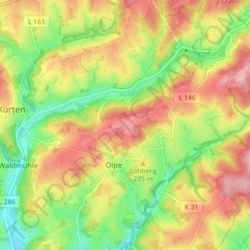 Topografisk kort Bornen, højde, terræn
