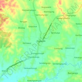 Topografisk kort Ngawen, højde, terræn