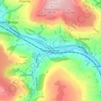 Topografisk kort Mytholmroyd, højde, terræn