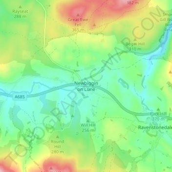 Topografisk kort Newbiggin on Lune, højde, terræn