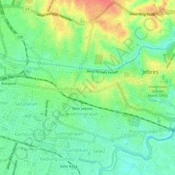 Topografisk kort Jebres, højde, terræn