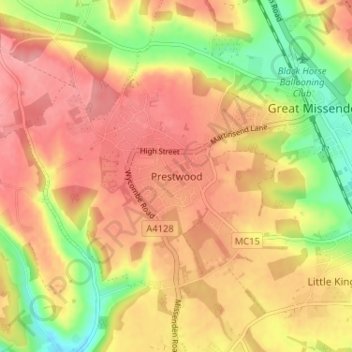 Topografisk kort Prestwood, højde, terræn