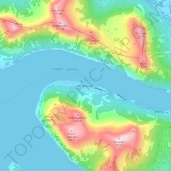 Topografisk kort Gryllefjorden, højde, terræn