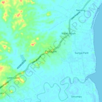 Topografisk kort Penajam, højde, terræn