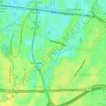 Topografisk kort Perumahan Bintara, højde, terræn
