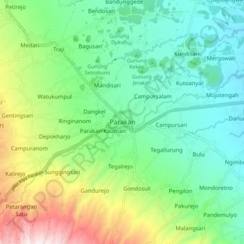 Topografisk kort Parakan, højde, terræn