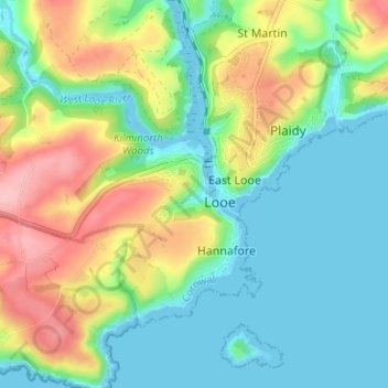 Topografisk kort West Looe, højde, terræn