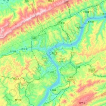 Topografisk kort Wanzhou, højde, terræn