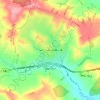 Topografisk kort Belton-in-Rutland, højde, terræn