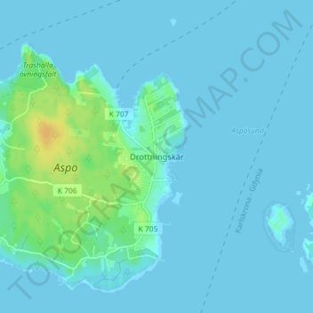 Topografisk kort Drottningskär, højde, terræn