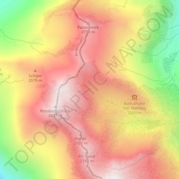 Topografisk kort Rheinquelle, højde, terræn