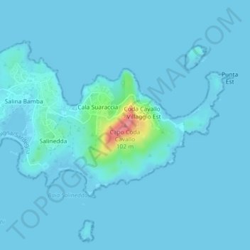 Topografisk kort Capo Coda Cavallo, højde, terræn