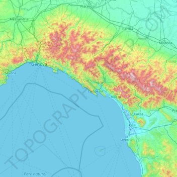 Topografisk kort Cinque Terre, højde, terræn