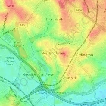 Topografisk kort Stockland Green, højde, terræn