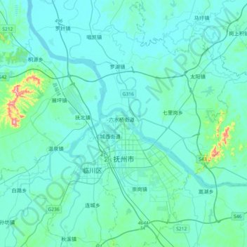 Topografisk kort Fuzhou, højde, terræn