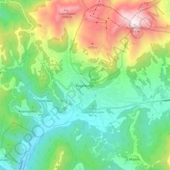 Topografisk kort Karpenisi, højde, terræn