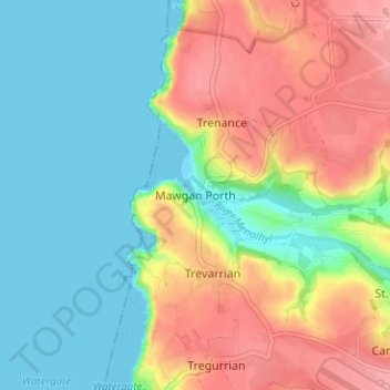 Topografisk kort Mawgan Porth, højde, terræn