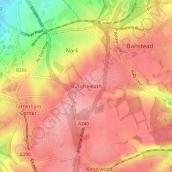 Topografisk kort Burgh Heath, højde, terræn