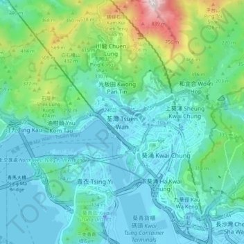 Topografisk kort Tsuen Wan, højde, terræn