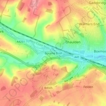 Topografisk kort Bourne End, højde, terræn