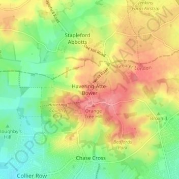 Topografisk kort Havering-Atte-Bower, højde, terræn