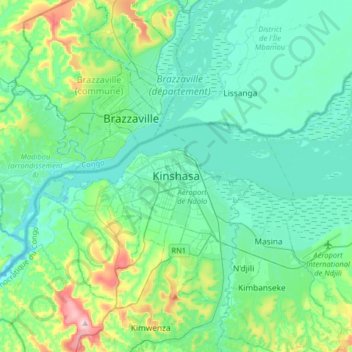 Topografisk kort Kinshasa, højde, terræn