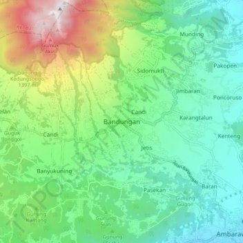 Topografisk kort Bandungan, højde, terræn