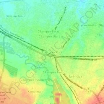 Topografisk kort Cikampek Kota, højde, terræn
