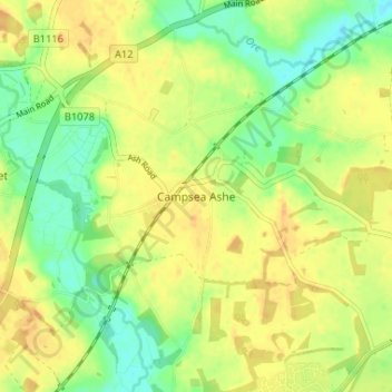 Topografisk kort Campsea Ashe, højde, terræn