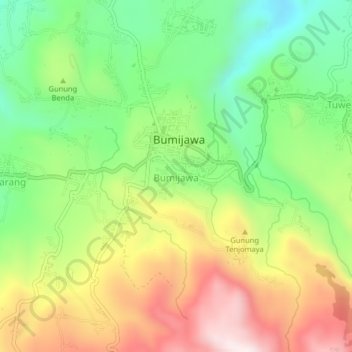 Topografisk kort Bumijawa, højde, terræn