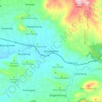 Topografisk kort Cireunghas, højde, terræn