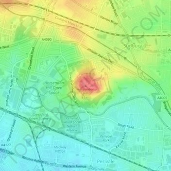 Topografisk kort Horsenden Hill, højde, terræn