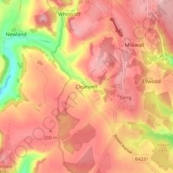 Topografisk kort Clearwell, højde, terræn