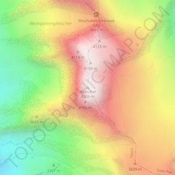 Topografisk kort Alphubel, højde, terræn