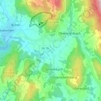 Topografisk kort Untermühlbach, højde, terræn