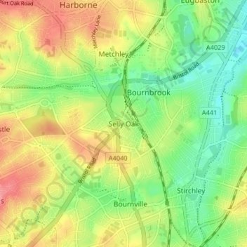 Topografisk kort Selly Oak, højde, terræn